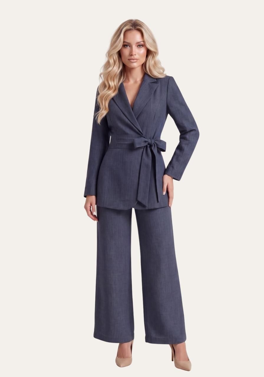 Damen Set Blau – Langarm Wickelblazer & Palazzo-Hose - Größe: XL