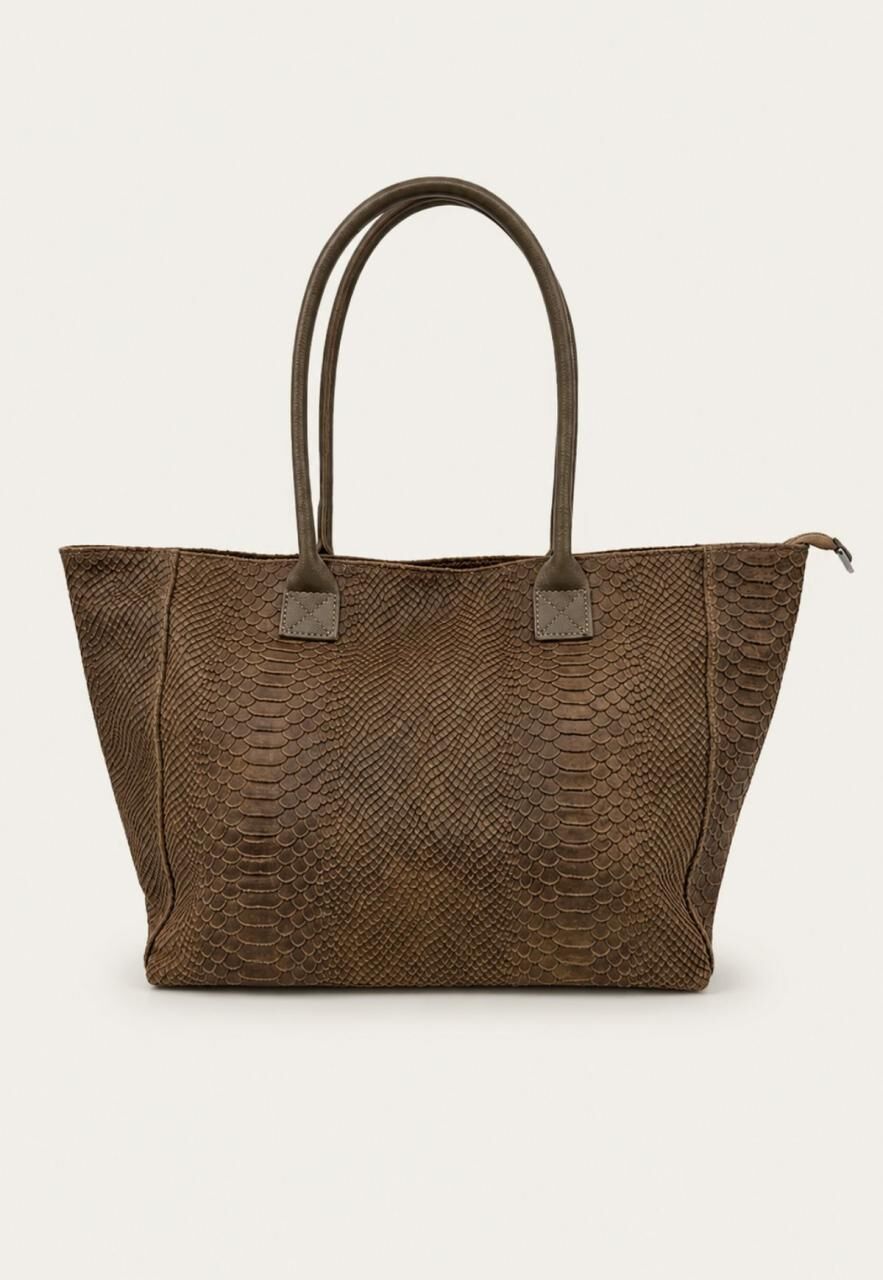 Damen Shopper aus Veloursleder mit Kroko-Prägung in Braun -