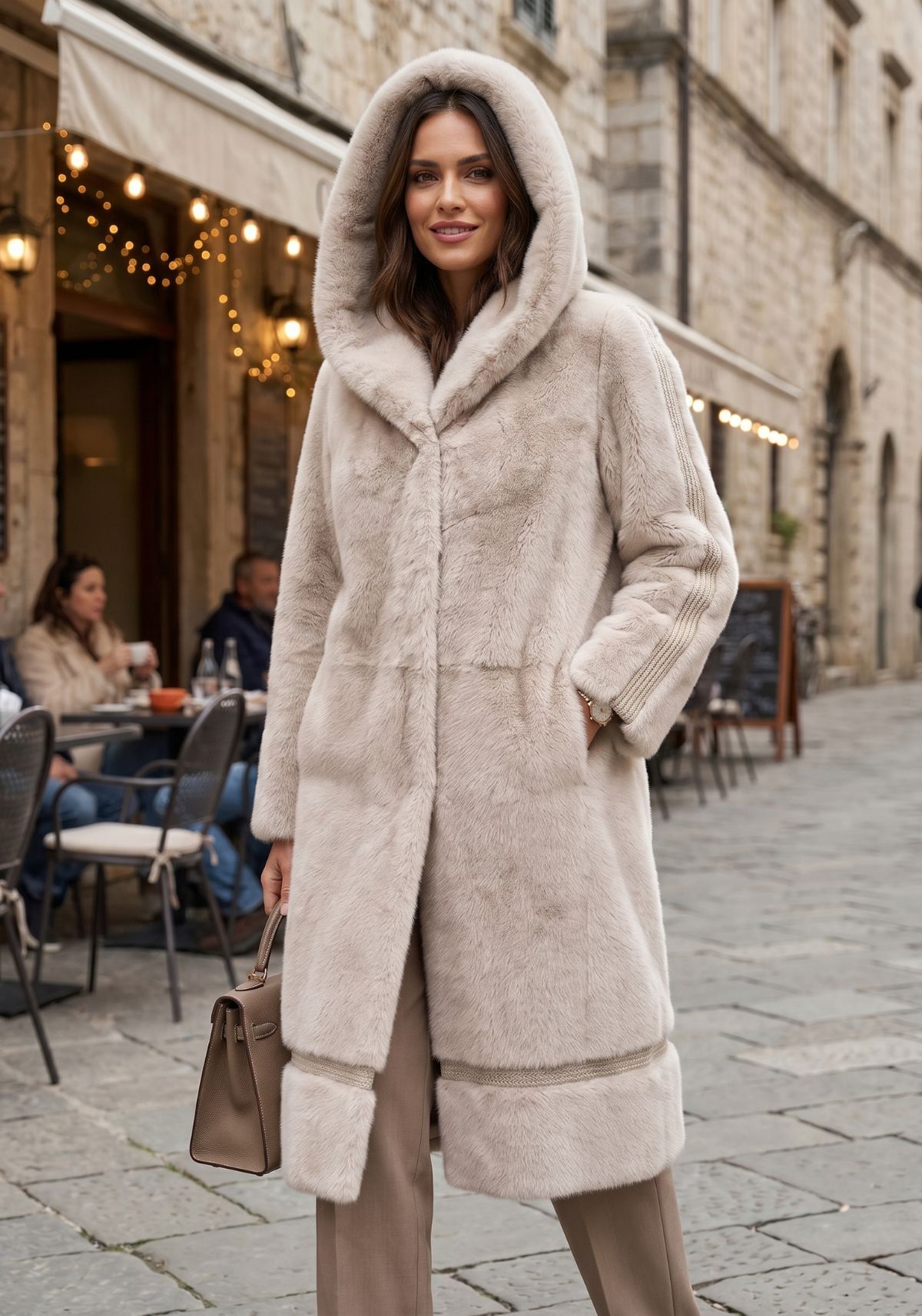 Shearling Lammfellmantel Creme-Beige mit Kapuze Modell 1053
