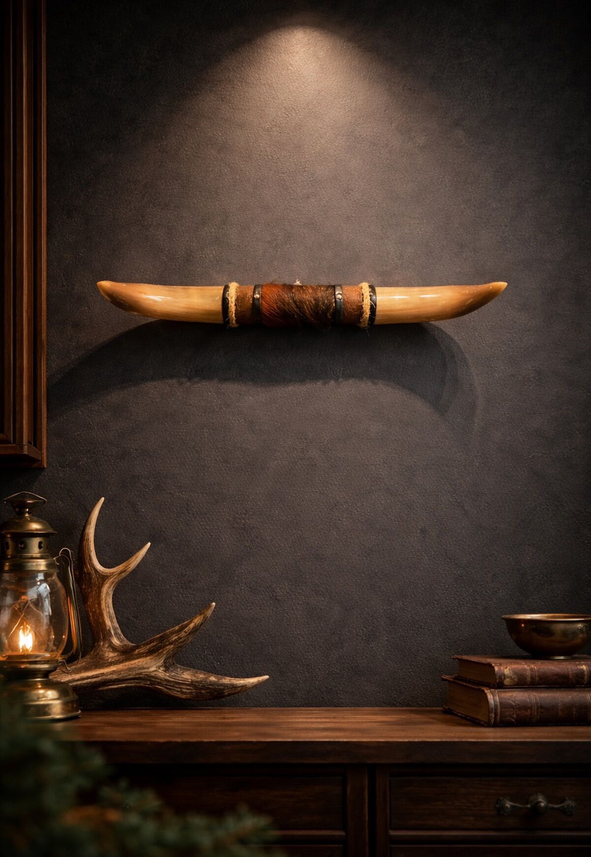 Bullenhorn Wandobjekt Modell 10 - Naturhorn Einzelstück mit Leder & Holzhalterung