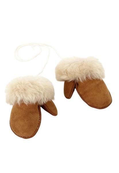 Merino Lammfell Kinder Fäustlinge mit Daumen –Cognac/Weiß (1-3 Jahre)