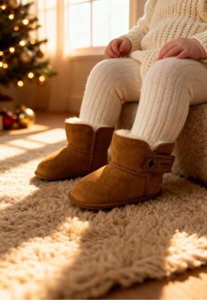 Baby Lammfellschuhe MIT KLETTVERSCHLUSS Cognac/Weiß - Weich, warm & rutschfest